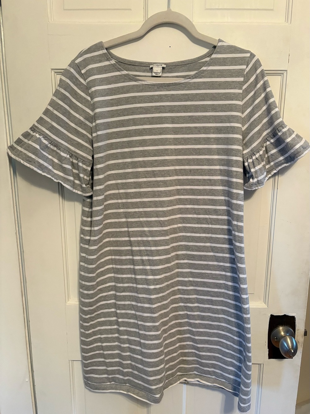 J. Crew Gray and White Striped Ruffle Short Sleeved Dress